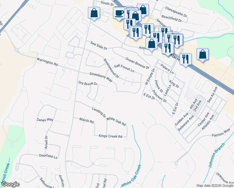 map of restaurants, bars, coffee shops, grocery stores, and more near 102 Whisperwood Lane in Rehoboth Beach