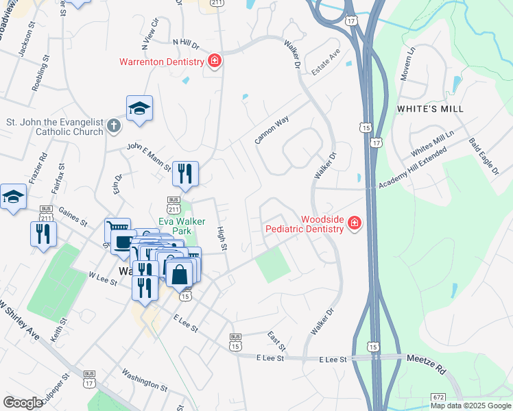 map of restaurants, bars, coffee shops, grocery stores, and more near 232 Amber Circle in Warrenton