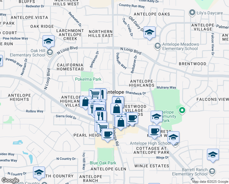 map of restaurants, bars, coffee shops, grocery stores, and more near Walerga Rd & Shandwick Dr in Sacramento