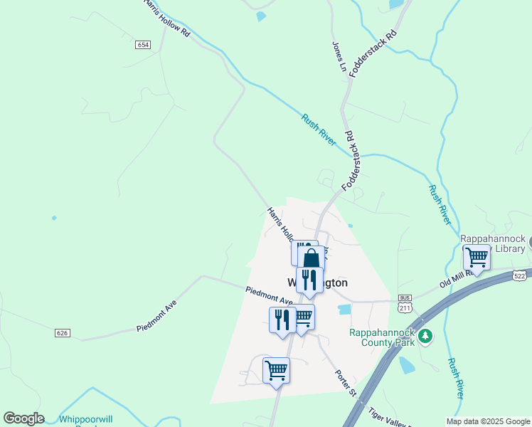 map of restaurants, bars, coffee shops, grocery stores, and more near 41 Harris Hollow Road in Washington