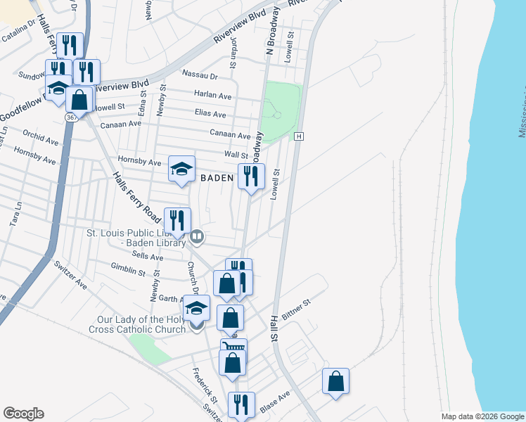 map of restaurants, bars, coffee shops, grocery stores, and more near 8422 Lowell Street in St. Louis