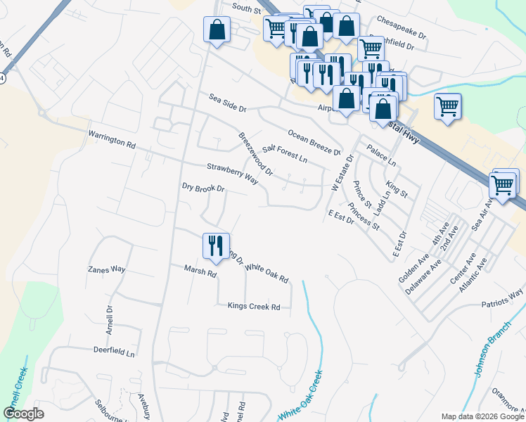 map of restaurants, bars, coffee shops, grocery stores, and more near 102 Whisperwood Lane in Rehoboth Beach
