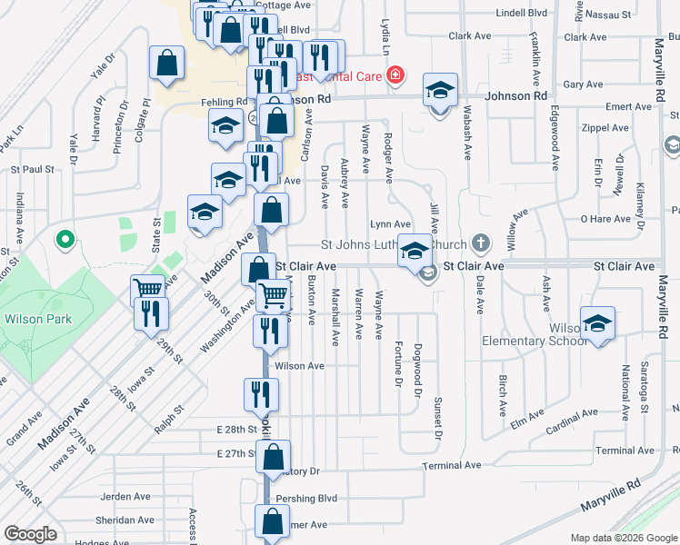 map of restaurants, bars, coffee shops, grocery stores, and more near 3026 Marshall Avenue in Granite City
