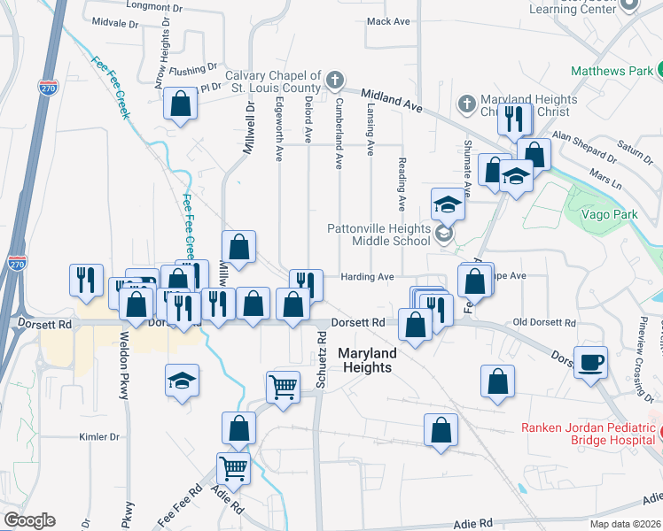 map of restaurants, bars, coffee shops, grocery stores, and more near 165 Cumberland Avenue in Maryland Heights