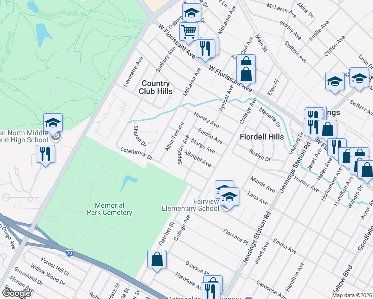 map of restaurants, bars, coffee shops, grocery stores, and more near 7307 Albright Avenue in Jennings