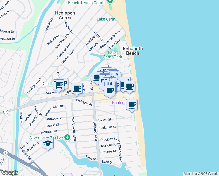 map of restaurants, bars, coffee shops, grocery stores, and more near 115 Rehoboth Avenue in Rehoboth Beach