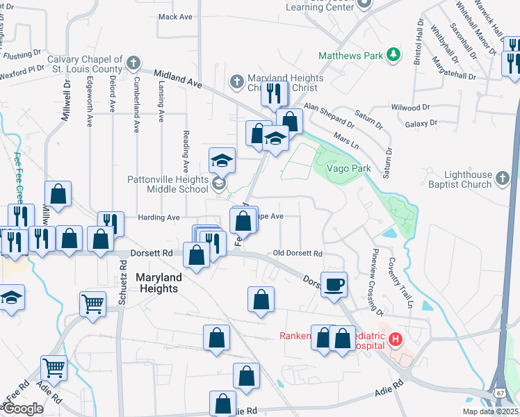 map of restaurants, bars, coffee shops, grocery stores, and more near 193 Grape Avenue in Maryland Heights