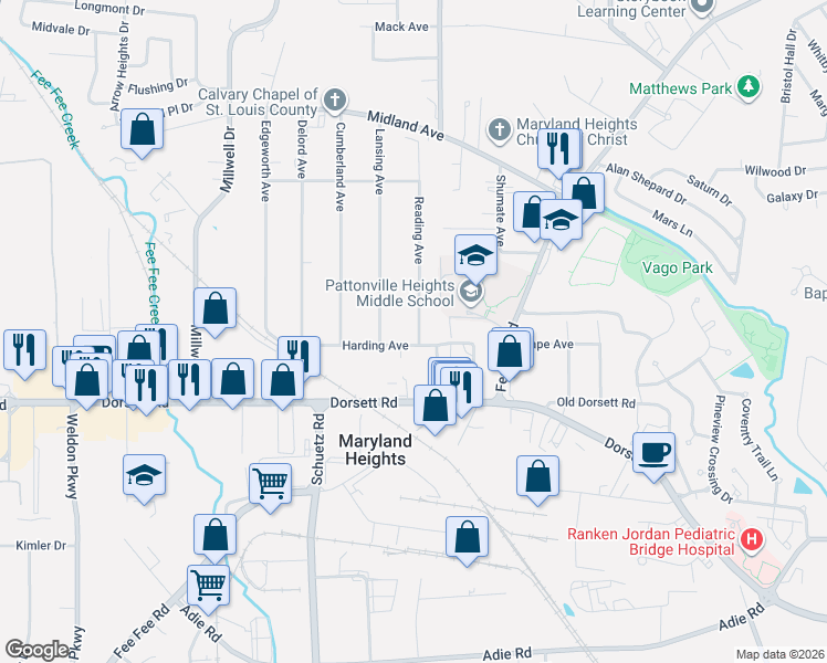 map of restaurants, bars, coffee shops, grocery stores, and more near 209 Harding Avenue in Maryland Heights