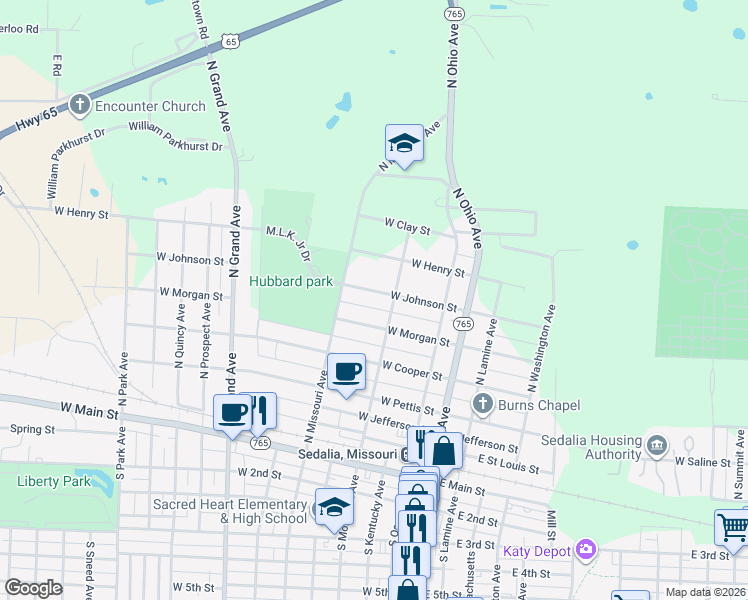 map of restaurants, bars, coffee shops, grocery stores, and more near 652-698 North Moniteau Avenue in Sedalia
