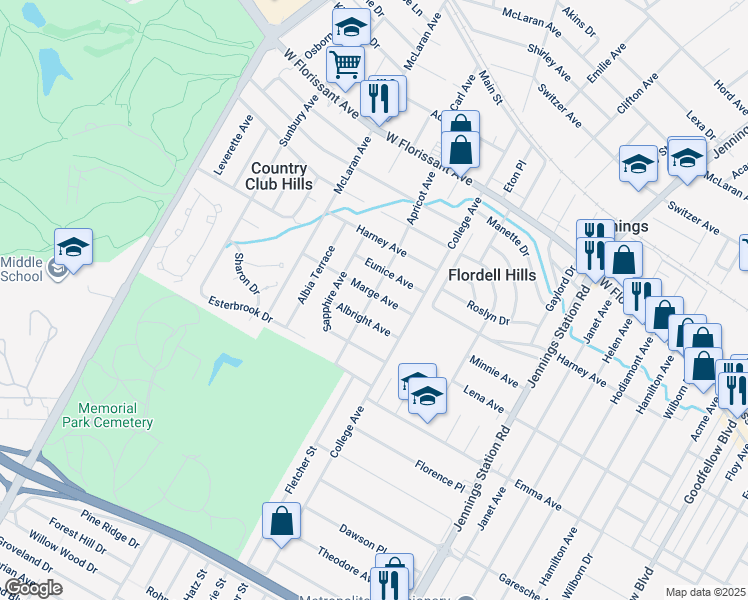 map of restaurants, bars, coffee shops, grocery stores, and more near 7212 Marge Avenue in Jennings