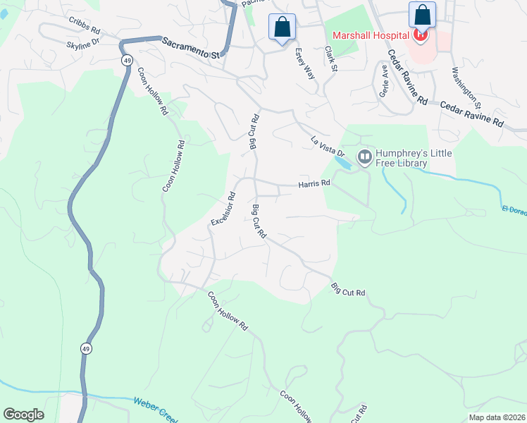 map of restaurants, bars, coffee shops, grocery stores, and more near 3421 Big Cut Road in Placerville