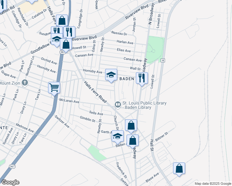 map of restaurants, bars, coffee shops, grocery stores, and more near 8550 Church Road in St. Louis