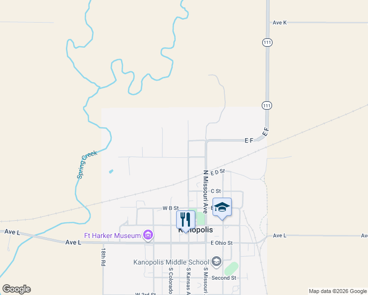 map of restaurants, bars, coffee shops, grocery stores, and more near 616 North Kansas Avenue in Kanopolis