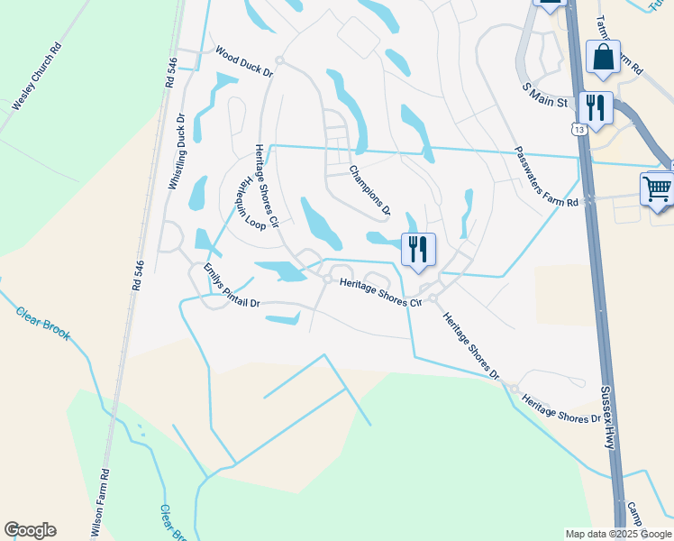 map of restaurants, bars, coffee shops, grocery stores, and more near 25 White Pelican Court in Bridgeville