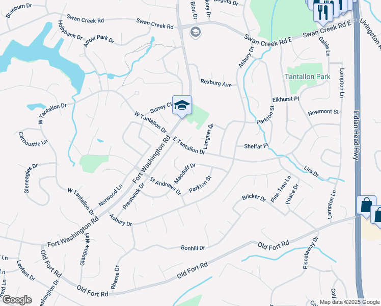 map of restaurants, bars, coffee shops, grocery stores, and more near 303 East Tantallon Drive in Fort Washington