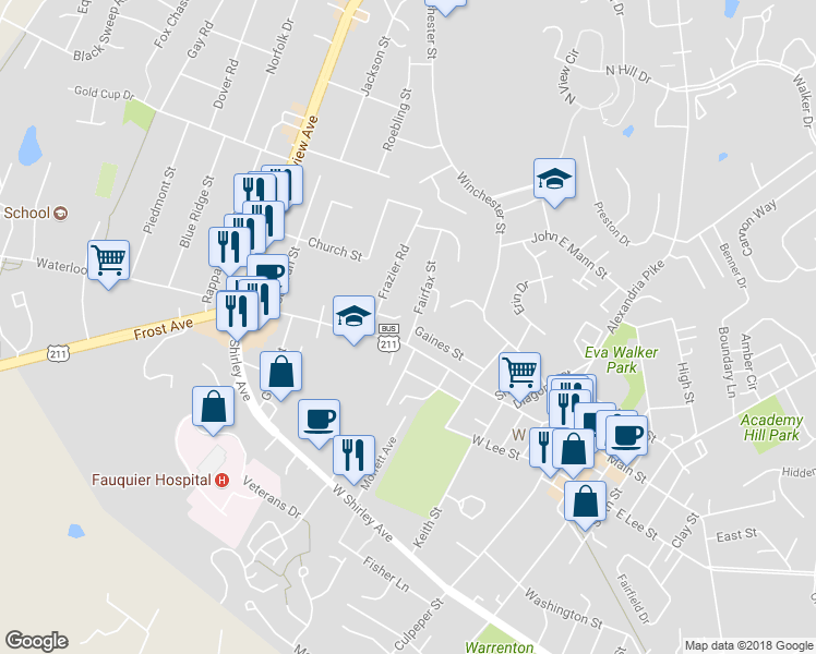 map of restaurants, bars, coffee shops, grocery stores, and more near 197 Waterloo Street in Warrenton