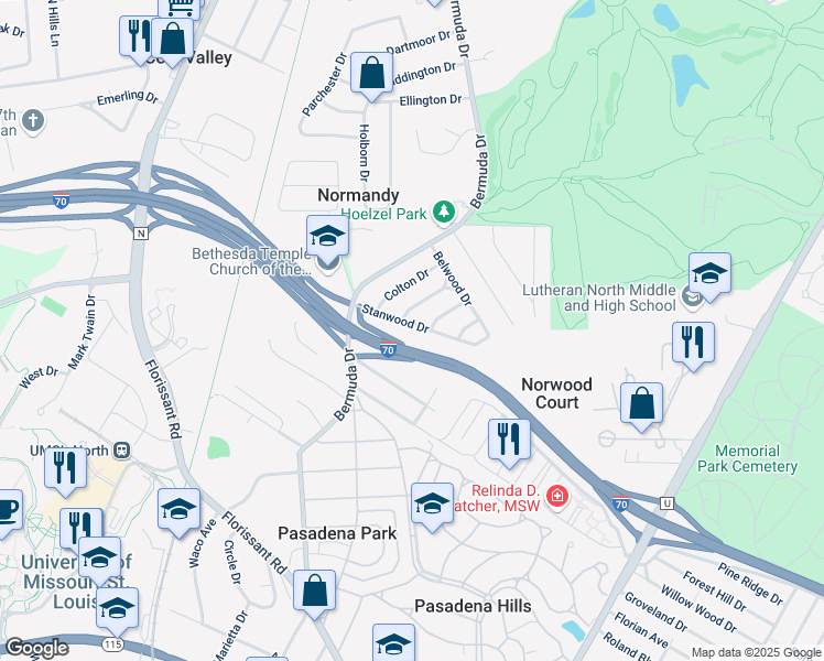 map of restaurants, bars, coffee shops, grocery stores, and more near 7612 Stanwood Drive in St. Louis