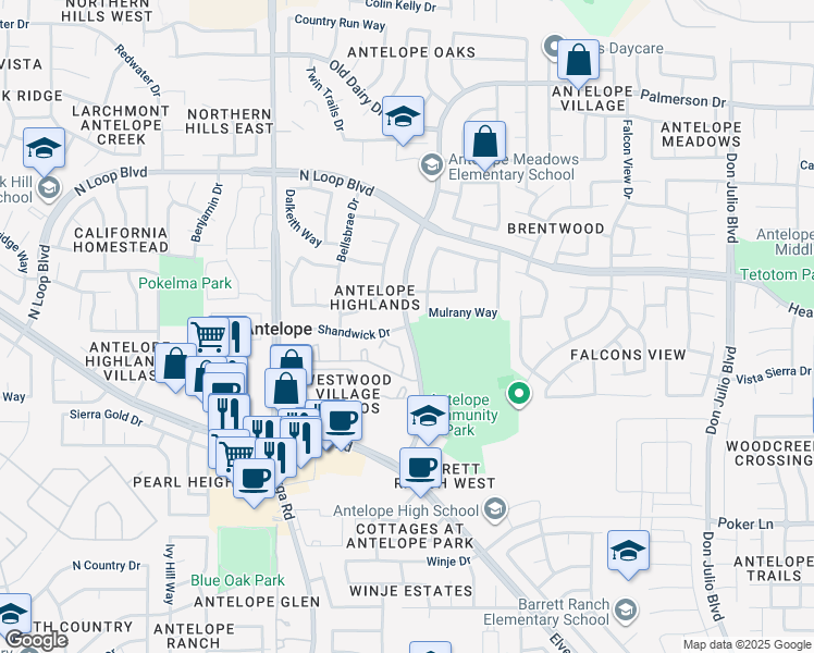 map of restaurants, bars, coffee shops, grocery stores, and more near 8461 Shandwick Drive in Antelope