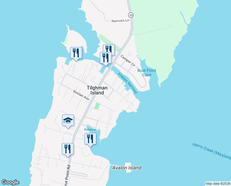 map of restaurants, bars, coffee shops, grocery stores, and more near 21567 Chicken Point Road in Tilghman Island