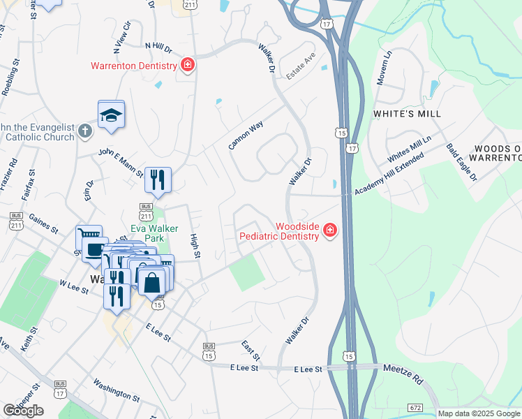 map of restaurants, bars, coffee shops, grocery stores, and more near 284 Amber Circle in Warrenton