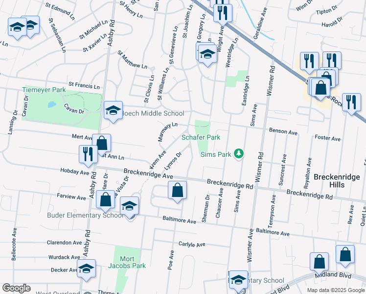 map of restaurants, bars, coffee shops, grocery stores, and more near 3265 Lynros Drive in Saint Ann
