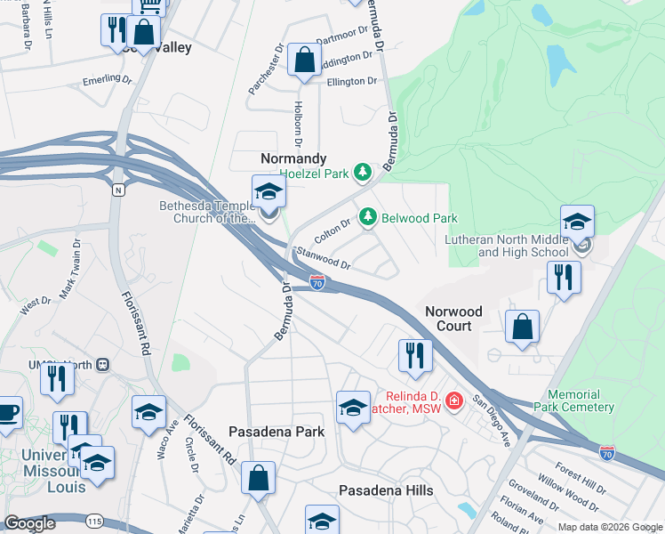 map of restaurants, bars, coffee shops, grocery stores, and more near 7612 Stanwood Drive in St. Louis