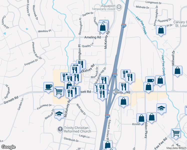 map of restaurants, bars, coffee shops, grocery stores, and more near 12345 Maverick Drive in Maryland Heights