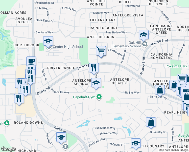map of restaurants, bars, coffee shops, grocery stores, and more near 8106 Aztec Way in Antelope