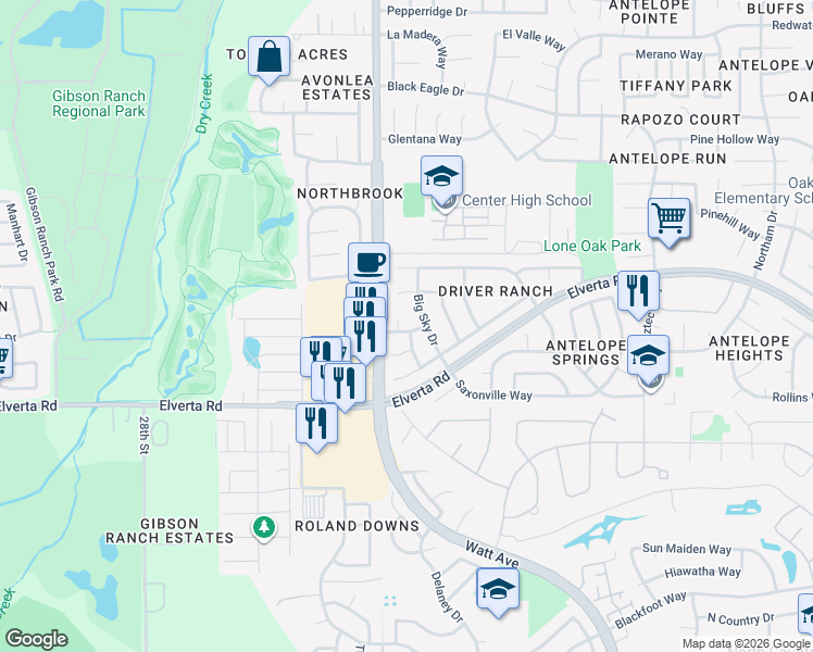map of restaurants, bars, coffee shops, grocery stores, and more near 3126 Black Saddle Drive in Antelope