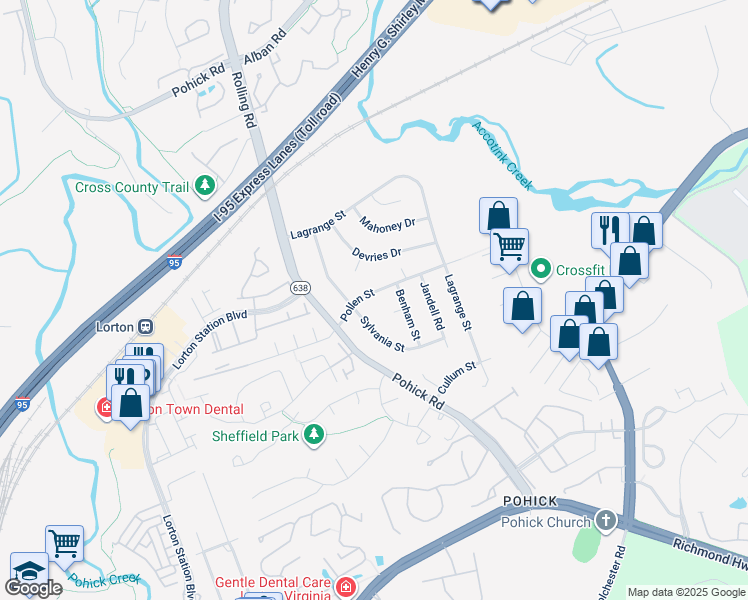 map of restaurants, bars, coffee shops, grocery stores, and more near 7607 Pollen Street in Lorton