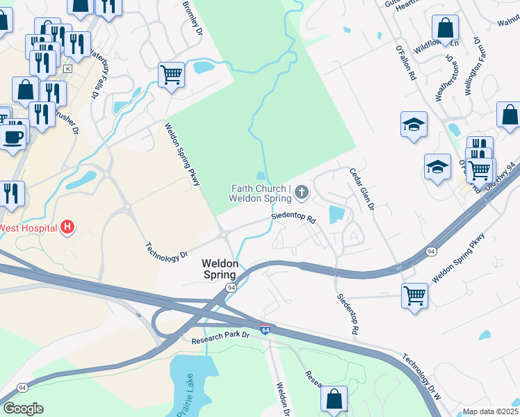 map of restaurants, bars, coffee shops, grocery stores, and more near 6319 Old Highway 94 in Weldon Spring