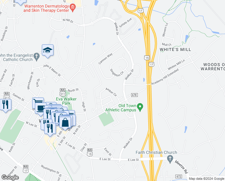 map of restaurants, bars, coffee shops, grocery stores, and more near 284 Amber Circle in Warrenton