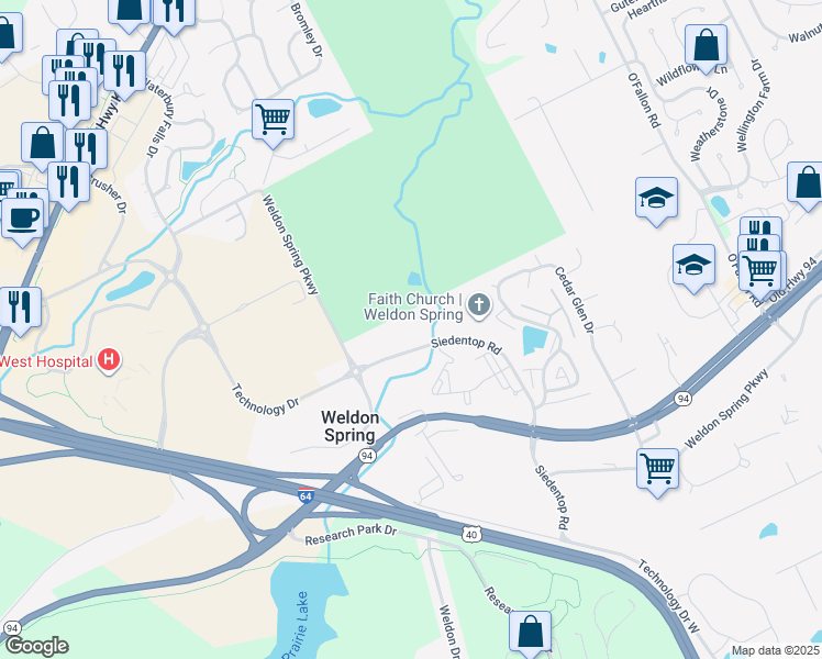 map of restaurants, bars, coffee shops, grocery stores, and more near 6319 Old Highway 94 in Weldon Spring