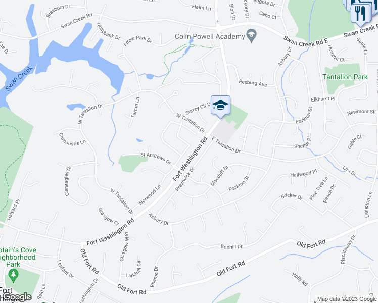 map of restaurants, bars, coffee shops, grocery stores, and more near 12528 Surrey Circle Drive in Fort Washington