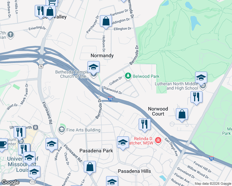 map of restaurants, bars, coffee shops, grocery stores, and more near 7612 Stanwood Drive in St. Louis