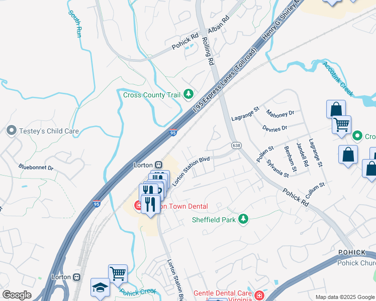 map of restaurants, bars, coffee shops, grocery stores, and more near 8930 Milford Haven Court in Lorton