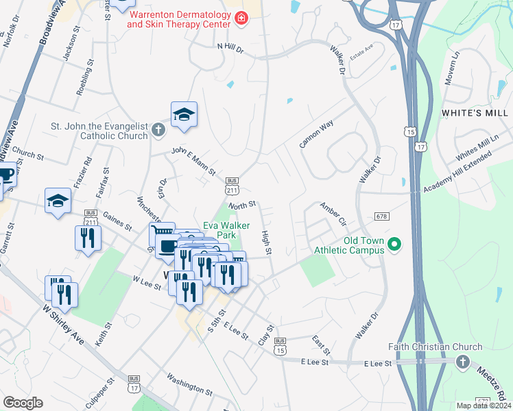 map of restaurants, bars, coffee shops, grocery stores, and more near 204 High Street in Warrenton