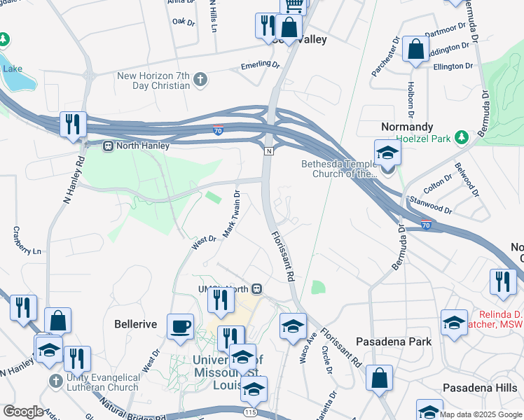 map of restaurants, bars, coffee shops, grocery stores, and more near 8224 Florissant Road in St. Louis