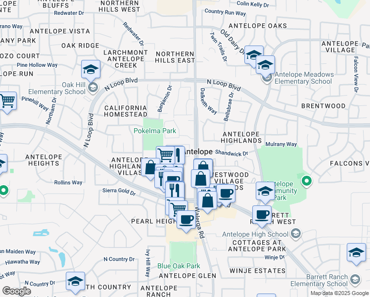 map of restaurants, bars, coffee shops, grocery stores, and more near in Antelope