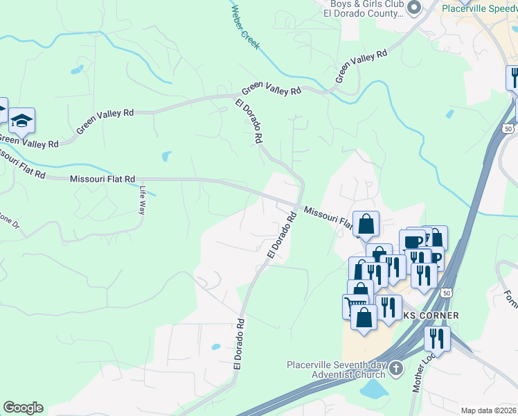 map of restaurants, bars, coffee shops, grocery stores, and more near 7157 Field Run in Placerville