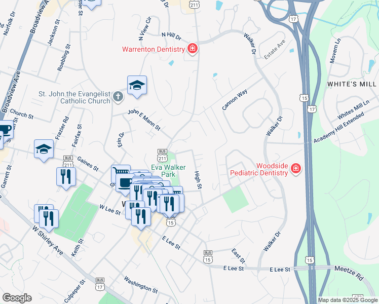 map of restaurants, bars, coffee shops, grocery stores, and more near 204 High Street in Warrenton