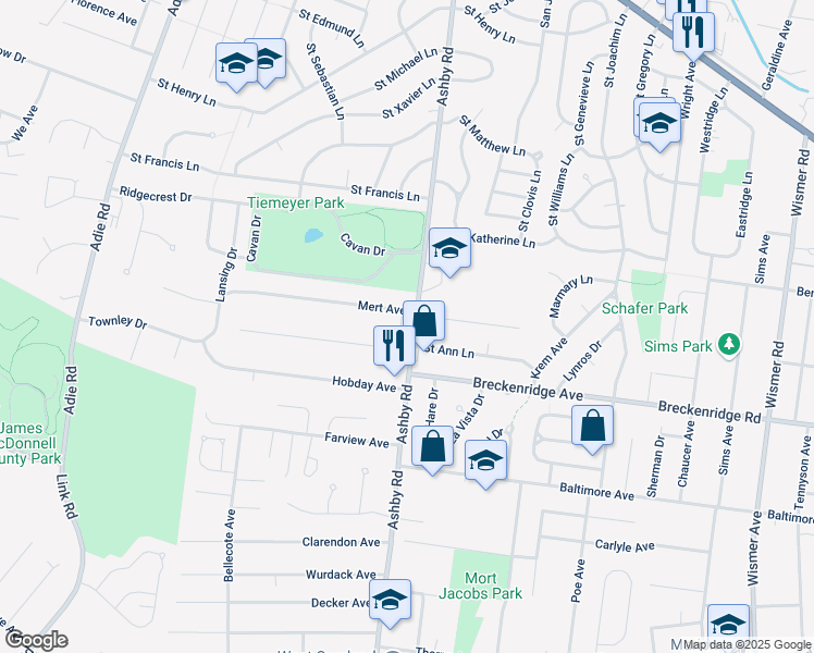 map of restaurants, bars, coffee shops, grocery stores, and more near 3225 Ashby Road in Saint Ann