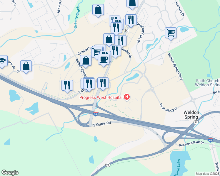 map of restaurants, bars, coffee shops, grocery stores, and more near Progress Point Court in O'Fallon