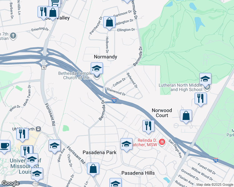 map of restaurants, bars, coffee shops, grocery stores, and more near 7612 Stanwood Drive in St. Louis