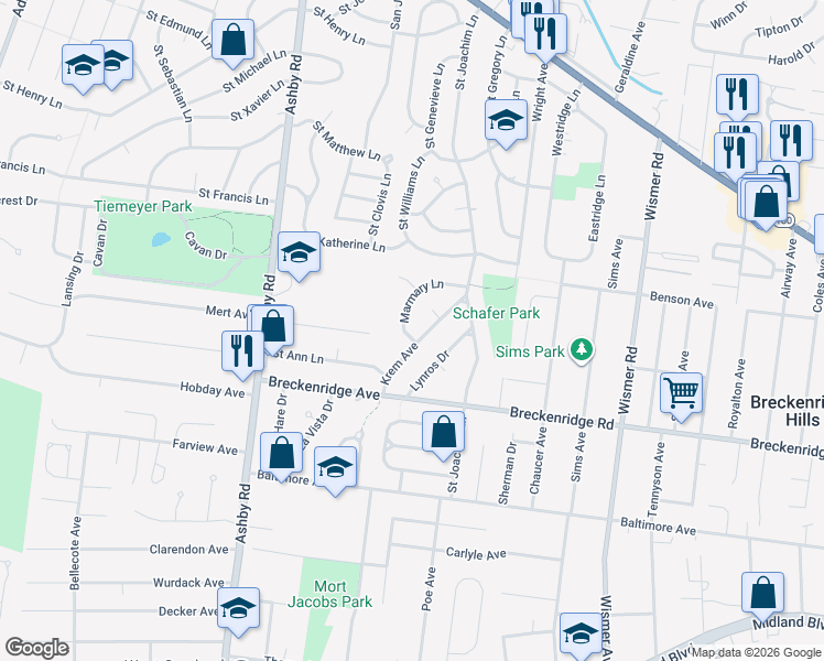 map of restaurants, bars, coffee shops, grocery stores, and more near 3301 Marmary Lane in Saint Ann