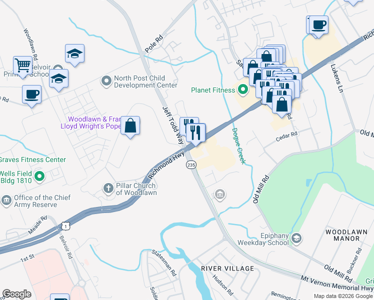 map of restaurants, bars, coffee shops, grocery stores, and more near 8514 Mount Vernon Memorial Highway in Alexandria