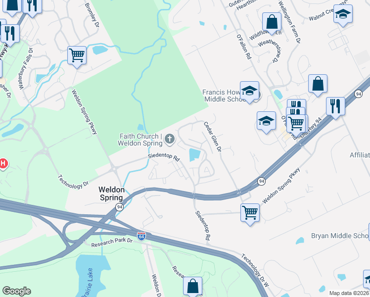map of restaurants, bars, coffee shops, grocery stores, and more near 500 Hemingway Lane in Weldon Spring