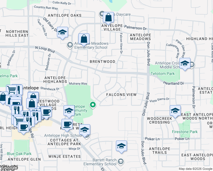 map of restaurants, bars, coffee shops, grocery stores, and more near 8134 Early Morning Way in Antelope