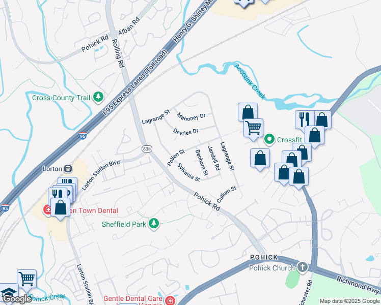 map of restaurants, bars, coffee shops, grocery stores, and more near 7603 Pollen Street in Lorton
