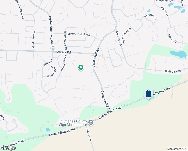 map of restaurants, bars, coffee shops, grocery stores, and more near 5 Big Bluff Court in Saint Charles